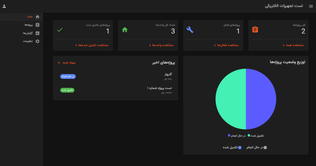 داشبورد نرم افزار تست تاسیسات برق